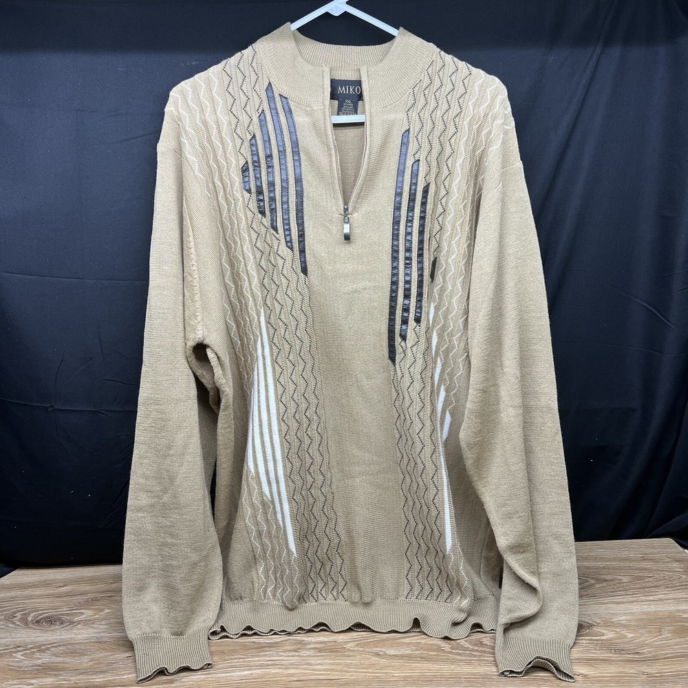 Vintage Miko Wool Blend 1/4 Zip Sweater Mens XXL Tan Leather Accents Pullover